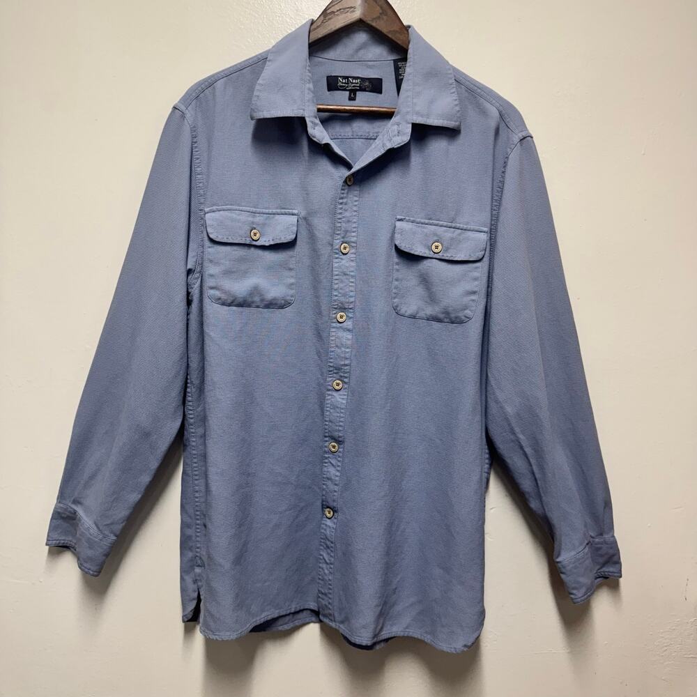 Nat Nast Luxury Originals Blue Silk Cotton Camp Shirt Men’s Large Casual Travel